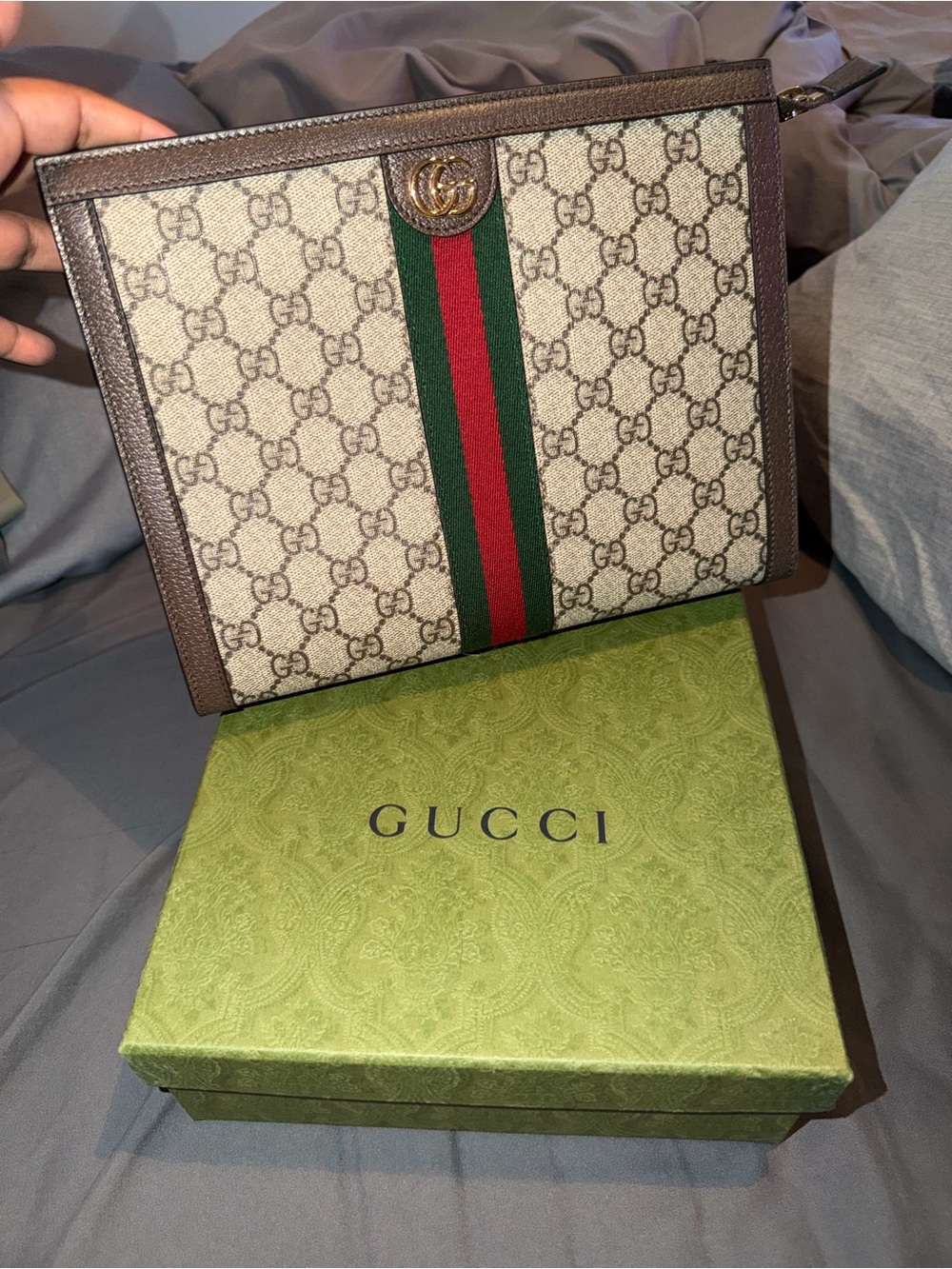 Gucci Beige GG Supreme Canvas Toiletry Pouch with Brown Trim and Green-Red Web